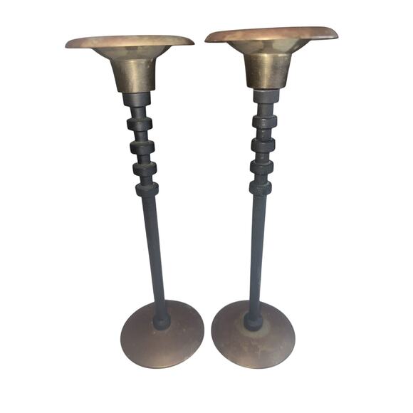 Pair of Vintage Mcm Gatco Brass And Black Candlestick 9 3/4 Inches Rare Design  - Picture 2 of 6